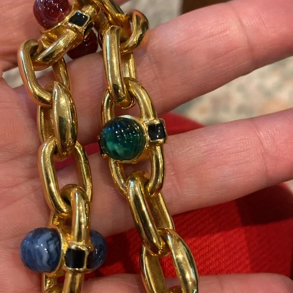 Vintage Gold Chain Link Necklace with Multicolor Bead Accents - Picture 3 of 4